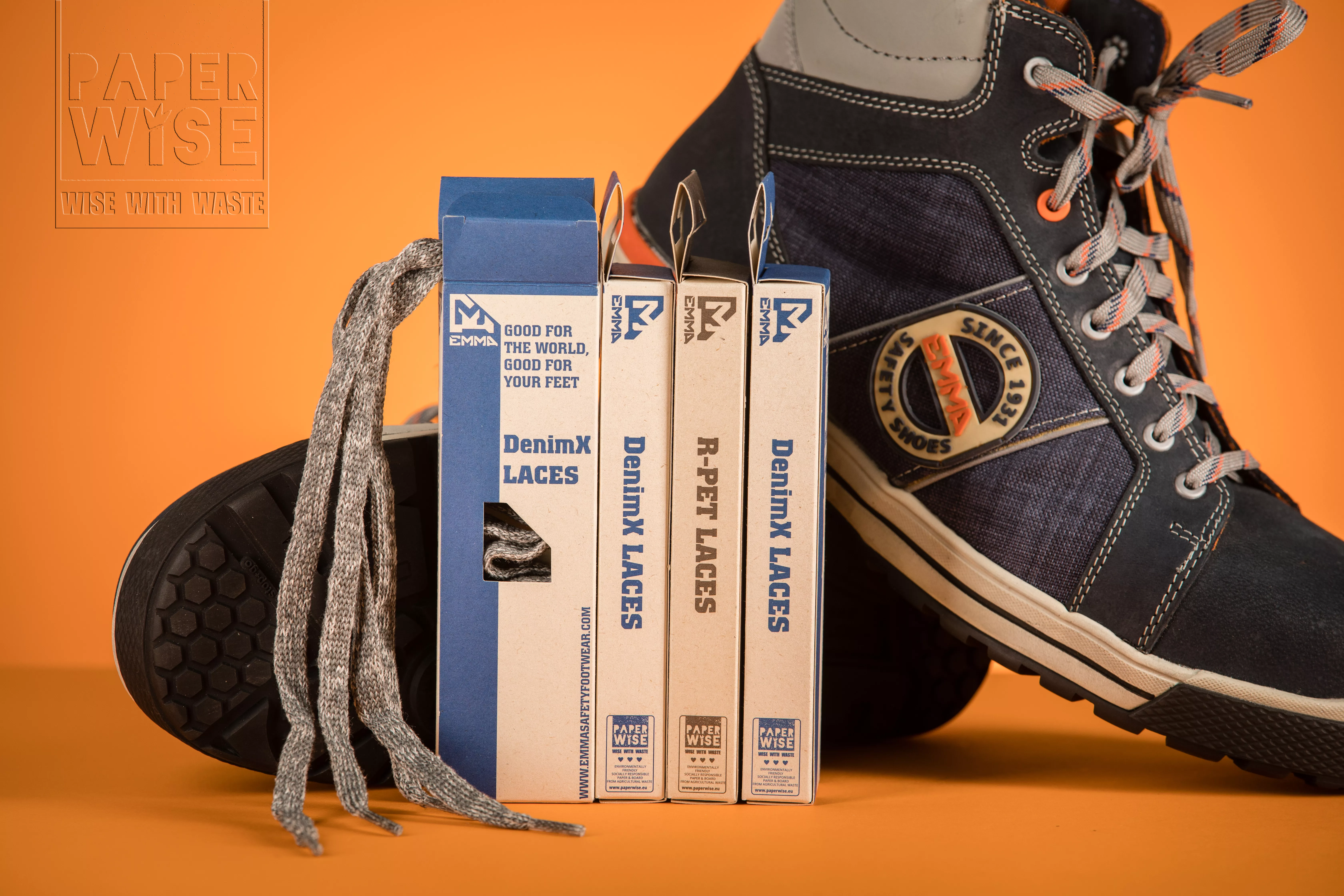 PaperWise eco paper board waste sustainable packaging laces safetyshoes Emma Emmashoes